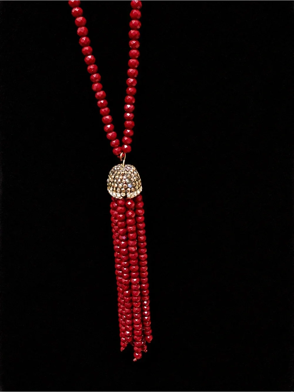 Long Burgundy Beaded Necklace with Tassel
